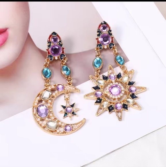 Celestial~Sun & Moon Whimsigoth Pink Blue Crystal Dangle Earrings - Picture 8 of 11